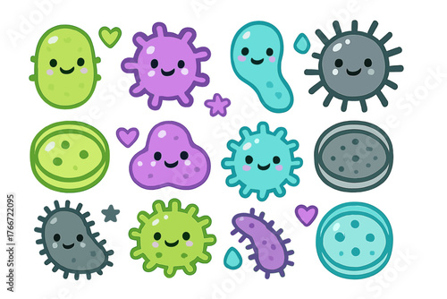 Colorful smiling cartoon germs and microorganisms collection in kawaii style