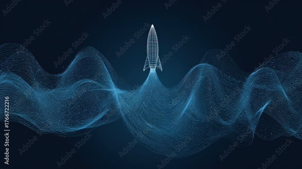Naklejka premium Futuristic Rocket Launching in Digital Space with Waves of Data and Light Effects