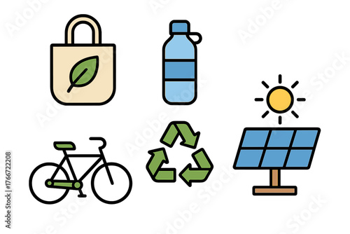 Eco friendly icons set featuring recycling symbol solar panel bicycle and reusable items