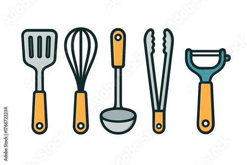 Collection of essential kitchen cooking tools and utensils set on a white background