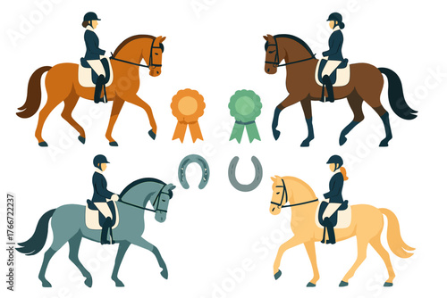 Female equestrians riding horses in dressage competition with awards and lucky horseshoes