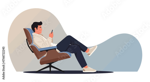 A man relaxing in a chair while using his smartphone, a modern illustration concept