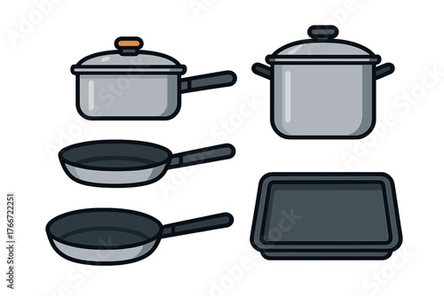 Set of various metal cooking pots, frying pans, and a rectangular baking tray