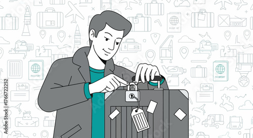 A Man Securing His Luggage, Ready for Worldwide Exploration and Adventures Ahead