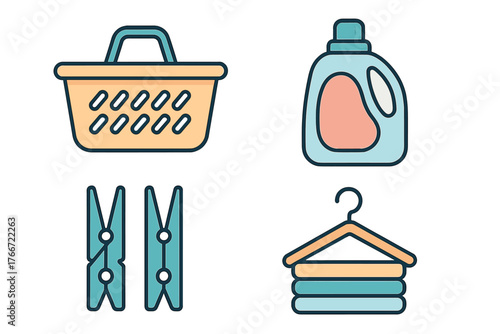 Set of essential household items for laundry including basket detergent clothespins and hanger