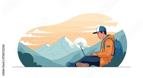 A man using a laptop in the mountains with backpack and hat enjoying the landscape