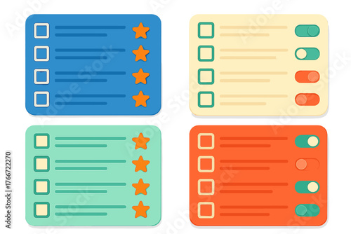 Colorful user interface elements featuring checklists, star ratings, and toggle switches