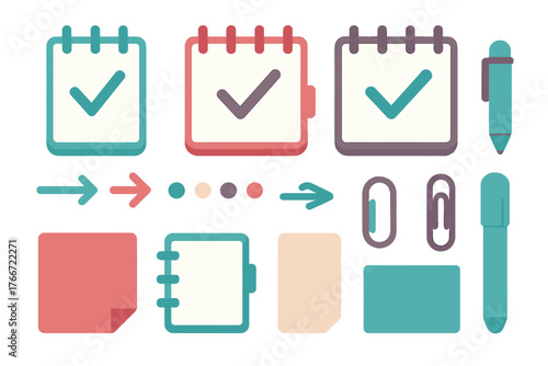 Productivity and task management icons with notepads, checkmarks, arrows, and office supplies