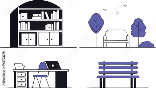 Set of Linear Illustrations Bookshelves, Park Bench, Desk, and Outdoor Elements. Vector Graphics