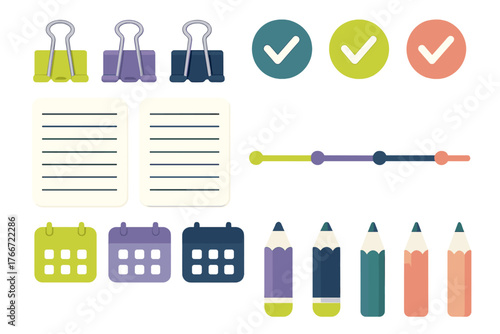 Colorful set of essential office supplies and planning elements like binder clips, calendars, and pencils