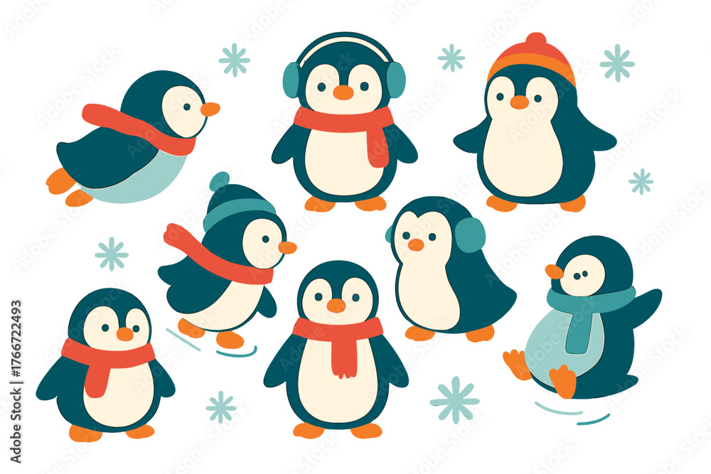 Fototapeta premium Adorable penguins wearing winter scarves and hats surrounded by falling snowflakes