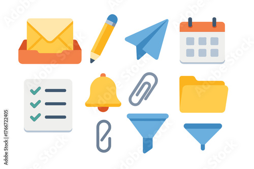 Digital communication and productivity icons set including mail, calendar, checklist, and notification bell
