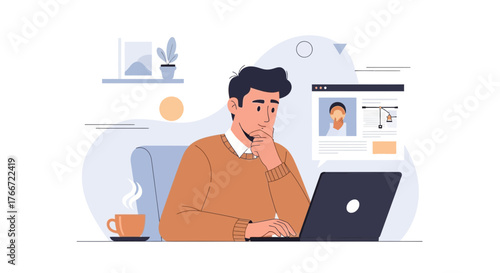 A man working on his laptop, thinking, with a coffee cup, and in a office