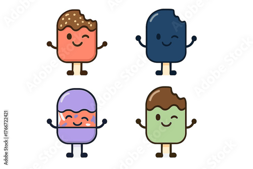 Cute cartoon ice cream characters with happy faces and different flavors