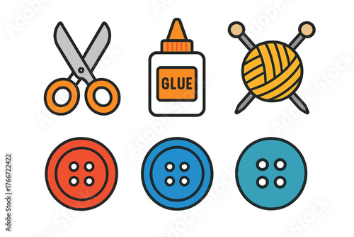 Colorful collection of craft supplies including scissors, glue, yarn, knitting needles, and buttons