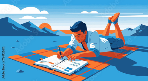 A man writing in a notebook while relaxing outdoors on a beach during sunset illustration