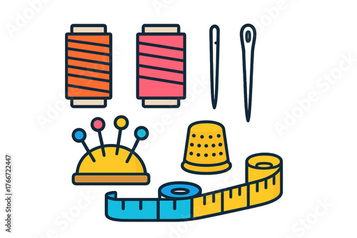 Colorful set of essential sewing tools including thread spools, needles, thimble, and measuring tape