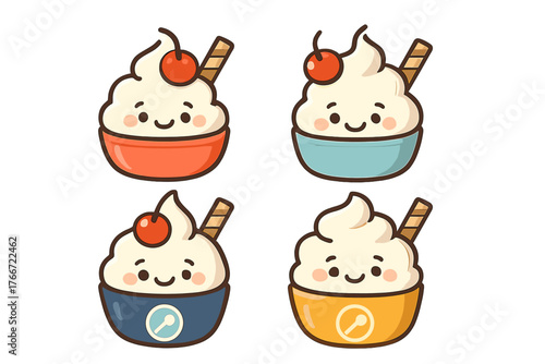 Four cute smiling ice cream desserts topped with whipped cream, cherry, and wafer stick