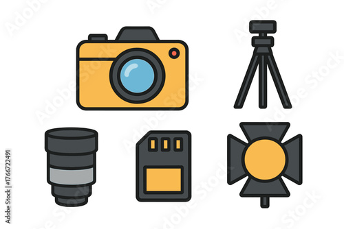 Set of essential photography equipment including camera lens tripod memory card and studio light