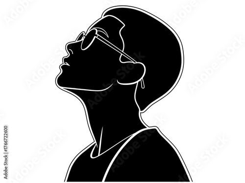 Profile Silhouette Contemplative Person Gazing Upwards, Expressing Hope and Optimism in Simple Lines