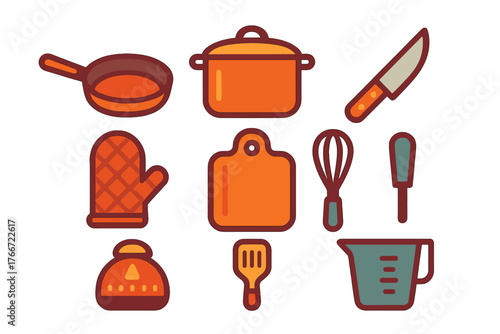 Colorful kitchenware icons set featuring cooking pot frying pan knife whisk and measuring cup