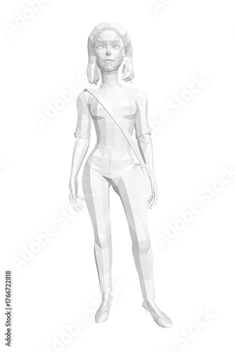 A woman in a white polygonal dress carries a bag, composed of various shapes and lines against a plain white background.