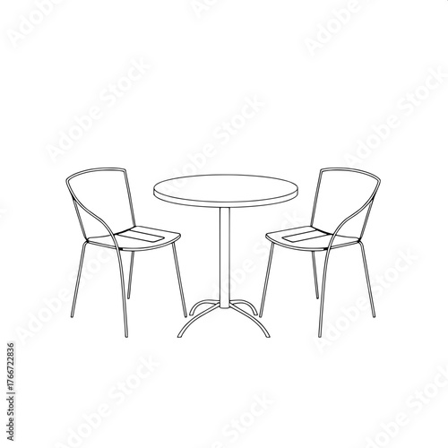 Monochrome line illustration of patio furniture featuring one round table centered between two identical chairs, with a graphic and balanced design, thin precise lines, minimal composition, and a subt