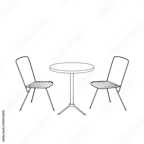 Monochrome line illustration of patio furniture featuring one round table centered between two identical chairs, with a graphic and balanced design, thin precise lines, minimal composition, and a subt