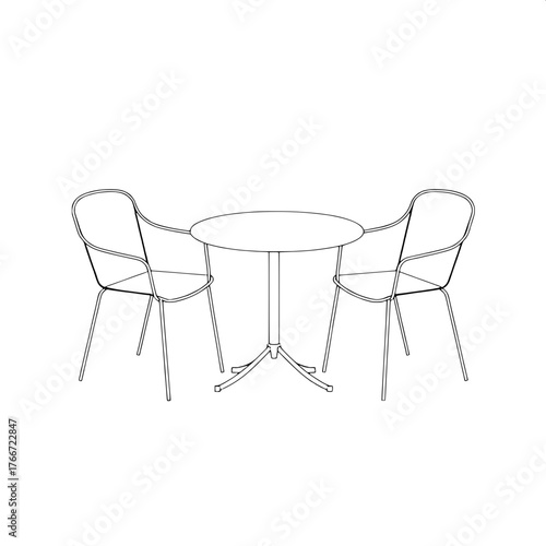 Monochrome line illustration of patio furniture featuring one round table centered between two identical chairs, with a graphic and balanced design, thin precise lines, minimal composition, and a subt