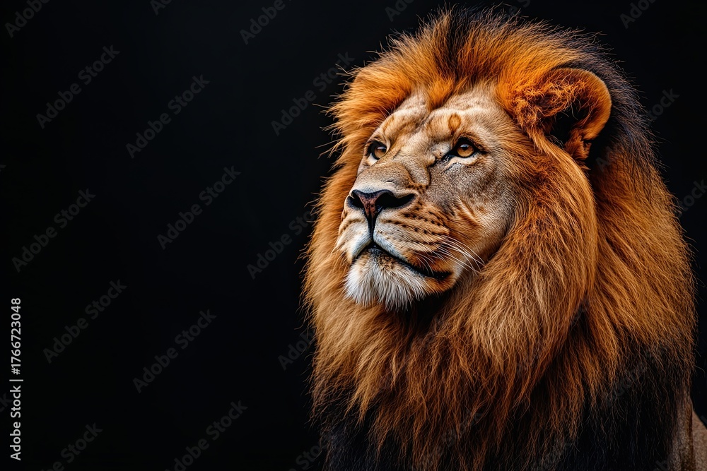 Fototapeta premium Portrait of a lion on a dark background.
