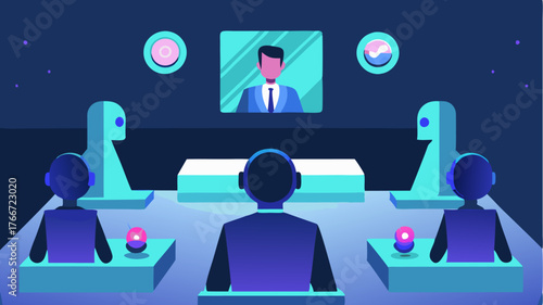 A futuristic conference room appears where holographic questions from virtual attendees hover above their avatars merging seamlessly with eyecatching visuals.