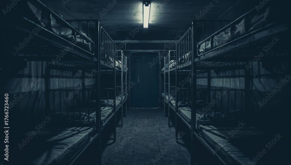 Fototapeta premium Lining central corridor metal bunk beds with thin mattresses under fluorescent light in basement