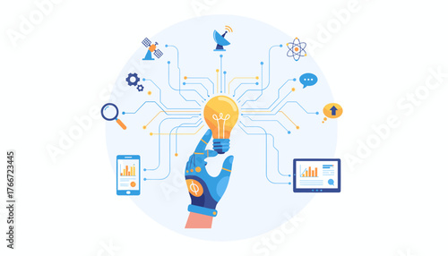 Innovative concept of artificial intelligence and technology, a robotic hand holding a glowing light bulb symbolizing a new idea, connected by digital circuits to various icons representing data