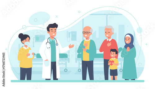 A diverse group of people, including a doctor, nurse, elderly couple, a child holding a heart, and a woman in a hijab, stand together in a modern medical clinic, symbolizing healthcare, unity, and