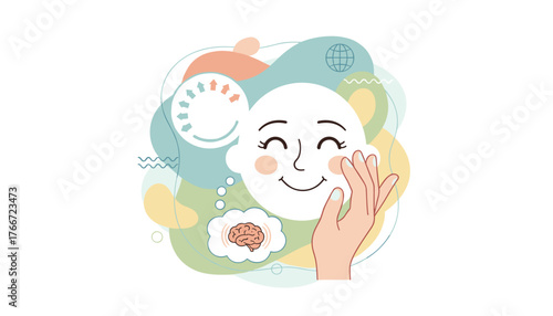 A gentle hand touches a happy, smiling face, symbolizing positive feedback, relaxation, and mental well-being, with abstract shapes and a brain icon suggesting thought and emotion in a serene
