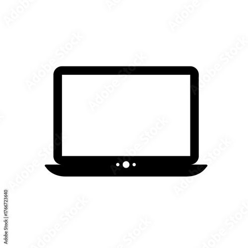 Minimalist black vector icon of a laptop computer with a blank screen, symbolizing modern technology, portable computing, remote work, digital devices, and online business concepts.