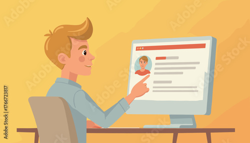 Modern flat vector illustration of a young man sitting at a desk and interacting with a computer screen displaying a profile page, symbolizing online reputation management and digital identity.