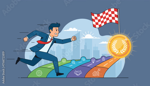 Determined businessman in a suit races towards a checkered flag and a golden medal, symbolizing business success, achievement, and reaching milestones on a colorful roadmap with icons representing