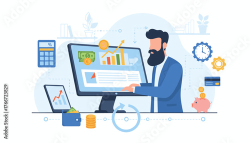 Modern flat illustration of a bearded businessman analyzing financial data on a computer screen, surrounded by icons representing online income, calculation, automatic payment, savings, and time