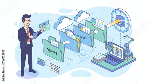 Isometric illustration of a businessman organizing digital files and documents in cloud archives, showcasing data management and automation with a robotic arm and laptop, representing efficient