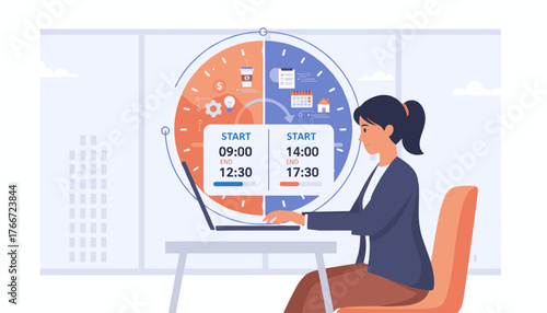 Modern flat illustration of a woman working on a laptop, with a large clock graphic symbolizing time management, work shifts, and day planning, set against a city skyline background, representing