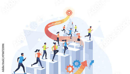 Diverse group of people running up a staircase of columns towards a target symbol, representing motivation, goal achievement, progress, and success in a dynamic, abstract background with geometric