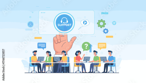 Vibrant illustration of a diverse team of customer support agents wearing headsets, actively working on computers in a modern office setting, with a large hand interacting with a digital support icon