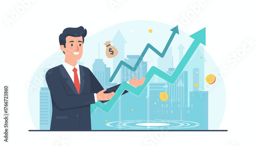 Successful businessman in a suit presenting a rising stock market graph with financial symbols like money bags and coins, symbolizing business growth, investment, and economic progress against a