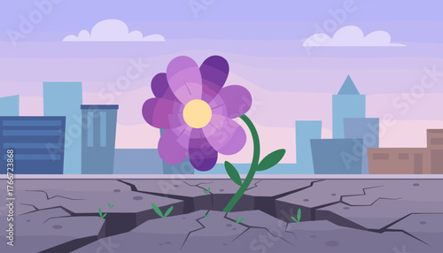 Vibrant purple flower with yellow center emerges resiliently through a cracked city street, symbolizing hope and new beginnings amidst urban decay, with stylized buildings and soft clouds in the