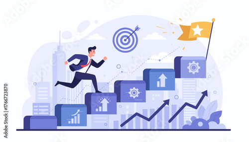 Dynamic illustration of a businessman in a suit running up a staircase towards a golden flag with a star, symbolizing progress, achievement, and reaching goals in a modern cityscape with charts and