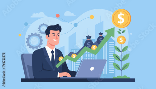 Vivid illustration of a businessman analyzing financial growth on a laptop, with a rising green arrow, money bags, coins, and gears symbolizing investment, progress, and business success in a modern