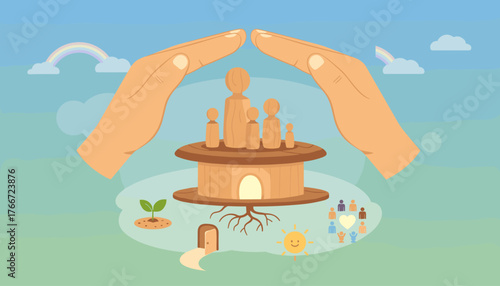 Conceptual illustration of protecting hands forming a dome over a wooden family figurine set on a stylized house, symbolizing safety, security, and family well-being, with elements of growth