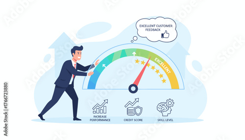 A businessman in a suit pushes a gauge indicating excellent customer feedback, with icons representing increased performance, credit score, and skill level, symbolizing business growth and positive