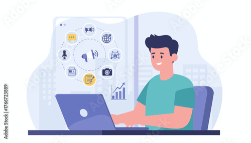 Modern flat illustration of a young man working on a laptop, surrounded by digital marketing and public relations icons, symbolizing communication, social media, and business growth in a city setting.